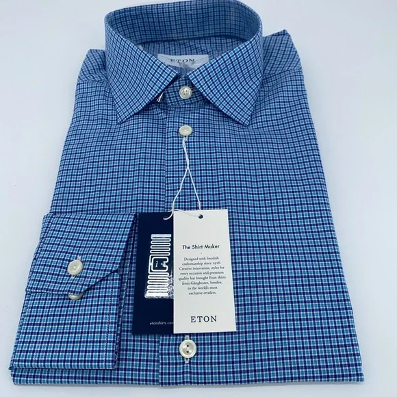 Eton Dress Shirt Mens XL 17 - 43 Slim Fit Blue White Plaid York Button Up